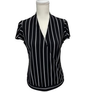 ADRIANNA PAPELL Top Womens Small Career Blouse Flutter Sleeve Striped Emo Travel